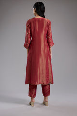Magenta Tissue A-Line Kurta Set with Dori Machine Embroidery