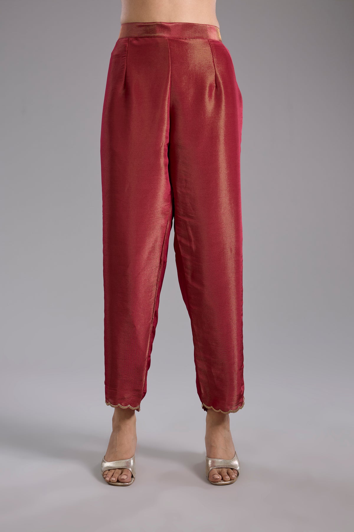 Magenta Tissue A-Line Kurta Set with Dori Machine Embroidery