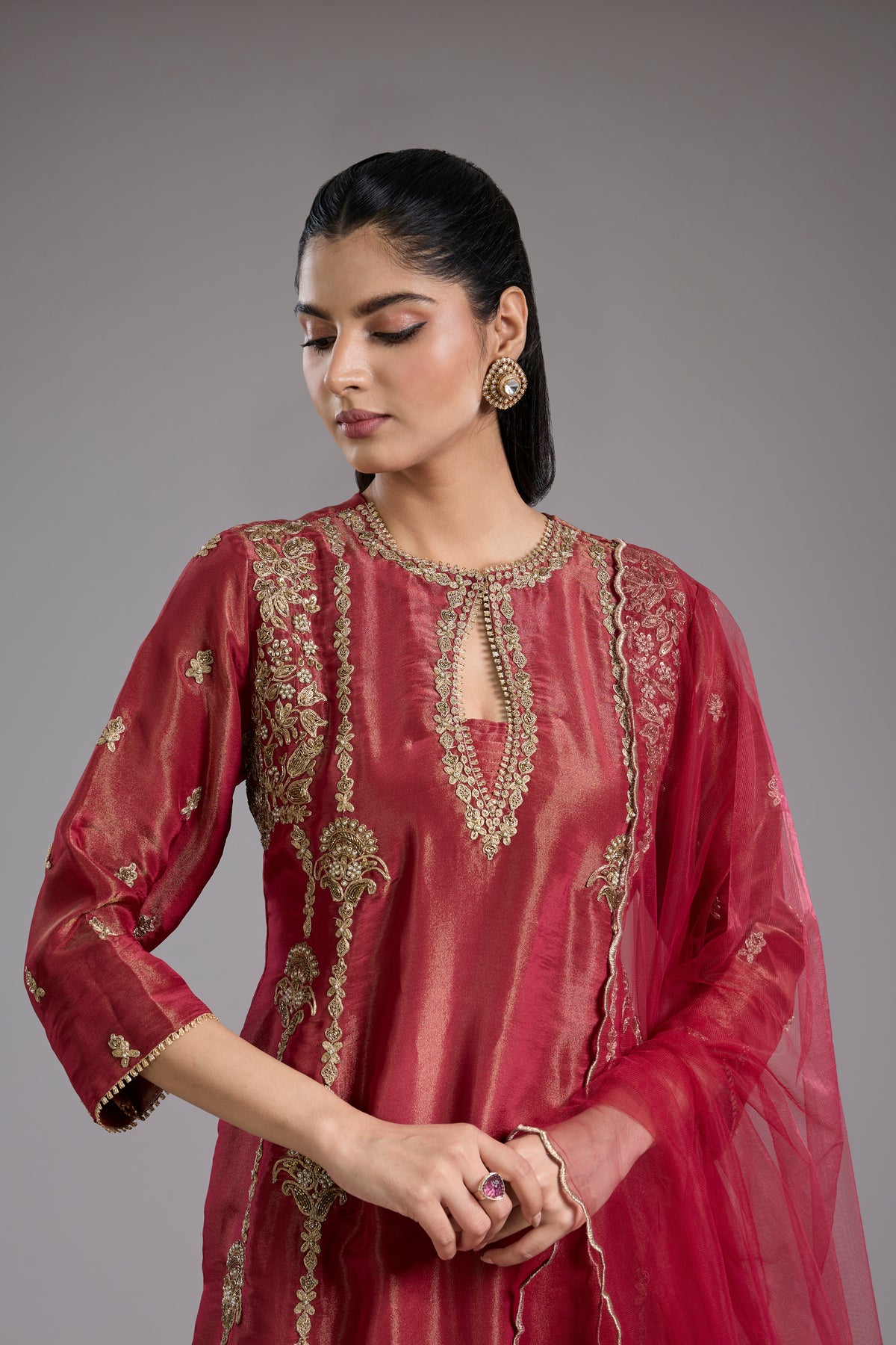 Magenta Tissue A-Line Kurta Set with Dori Machine Embroidery