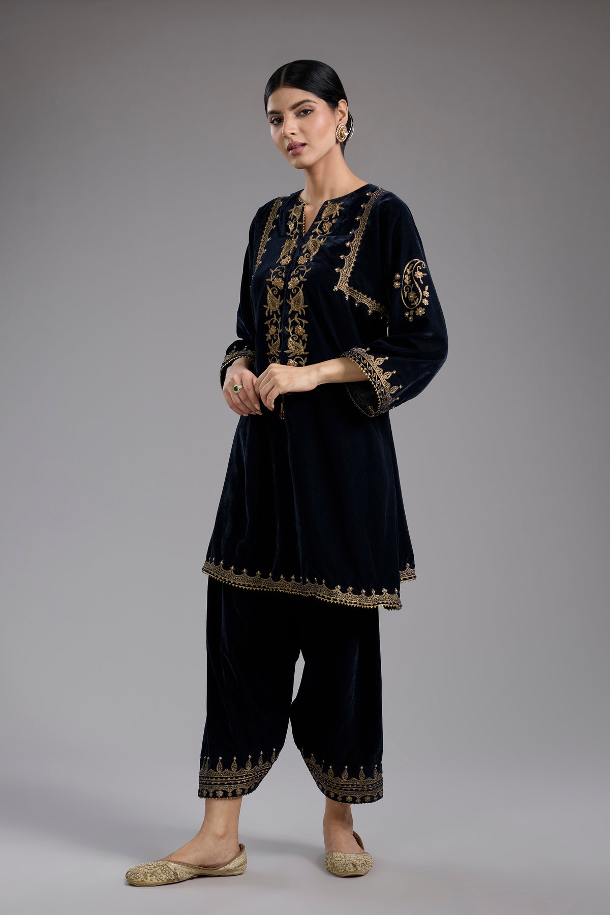 Black Velvet Aari & Hand Embroidered Kurta Set