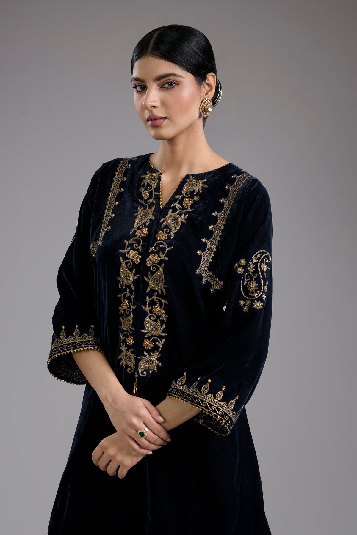 Black Velvet Aari & Hand Embroidered Kurta Set