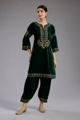Green Velvet Aari & Hand Embroidered Kurta Set