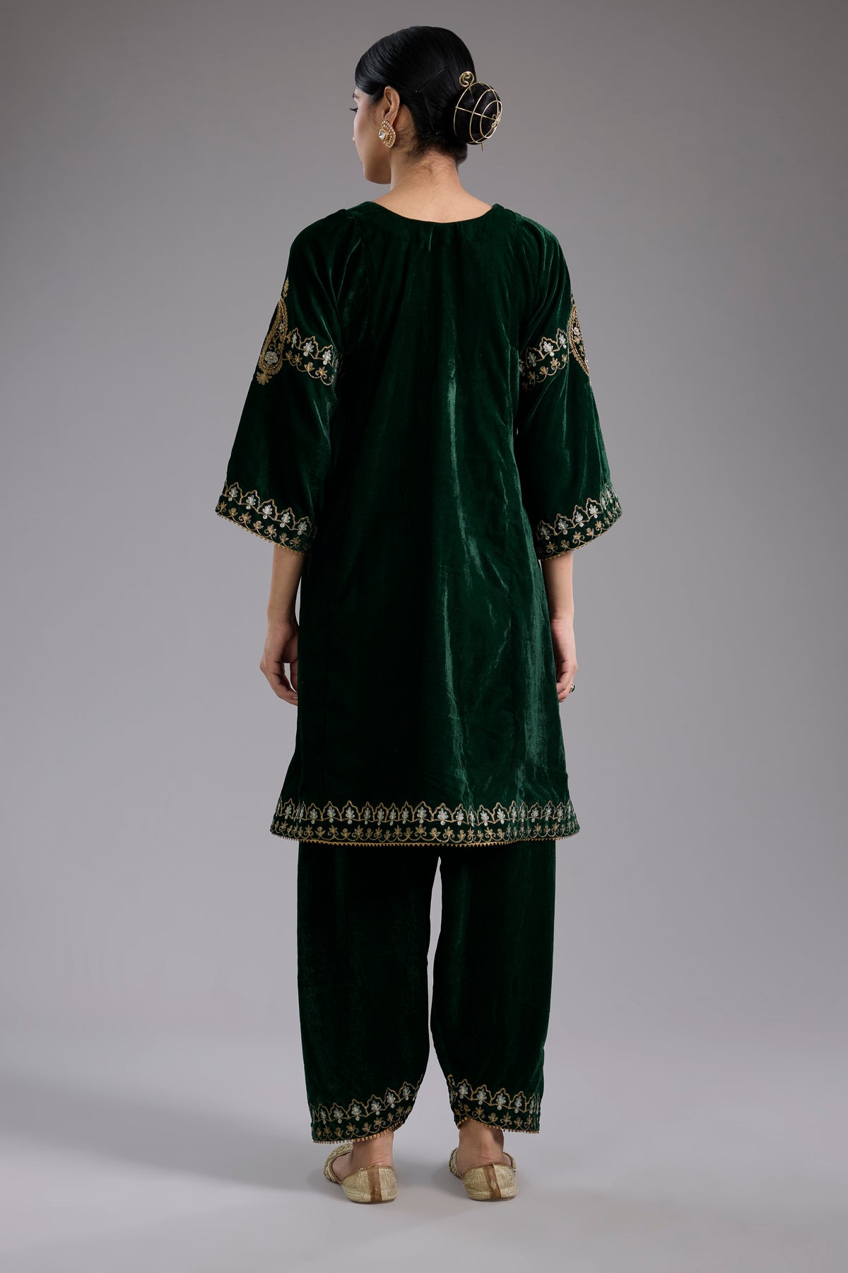 Green Velvet Aari & Hand Embroidered Kurta Set