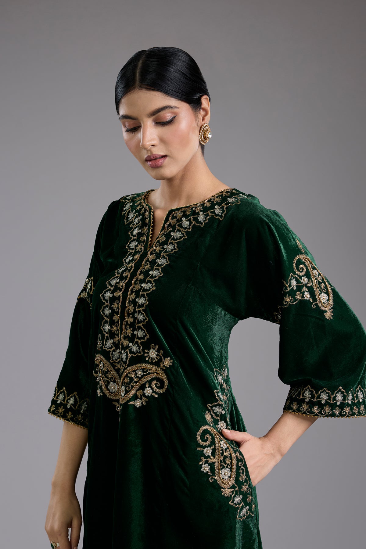 Green Velvet Aari & Hand Embroidered Kurta Set