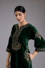 Green Velvet Aari & Hand Embroidered Kurta Set