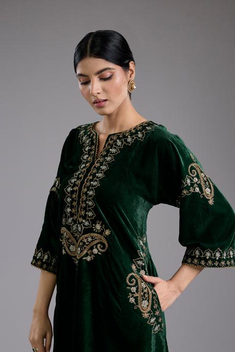 Green Velvet Aari & Hand Embroidered Kurta Set