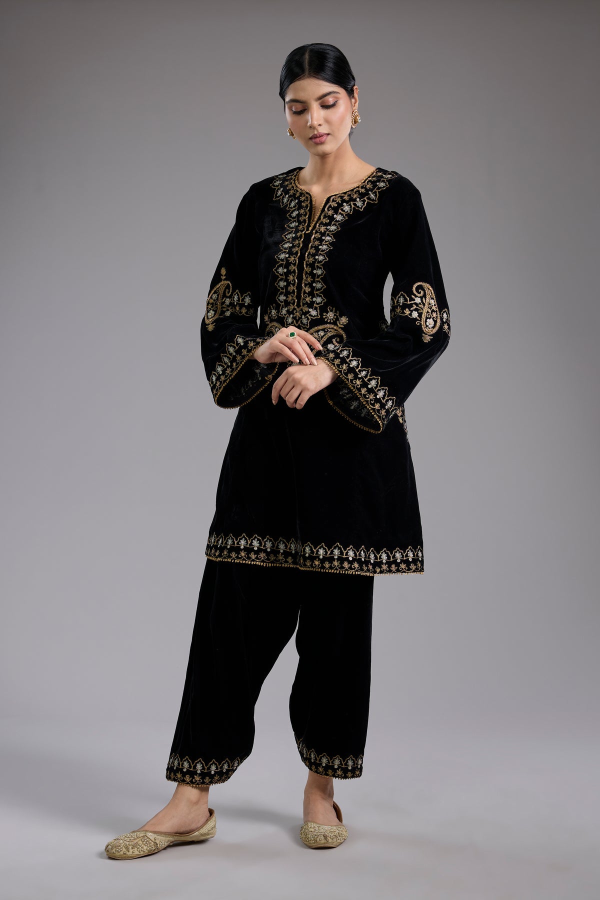 Black Velvet Aari & Hand Embroidered Kurta Set