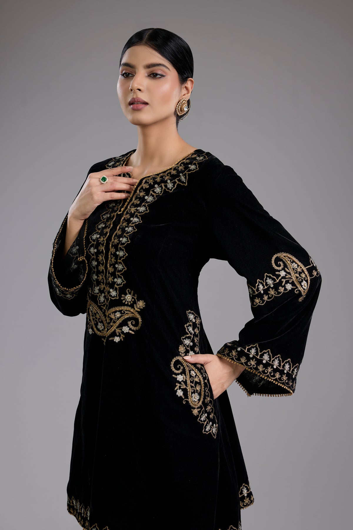 Black Velvet Aari & Hand Embroidered Kurta Set