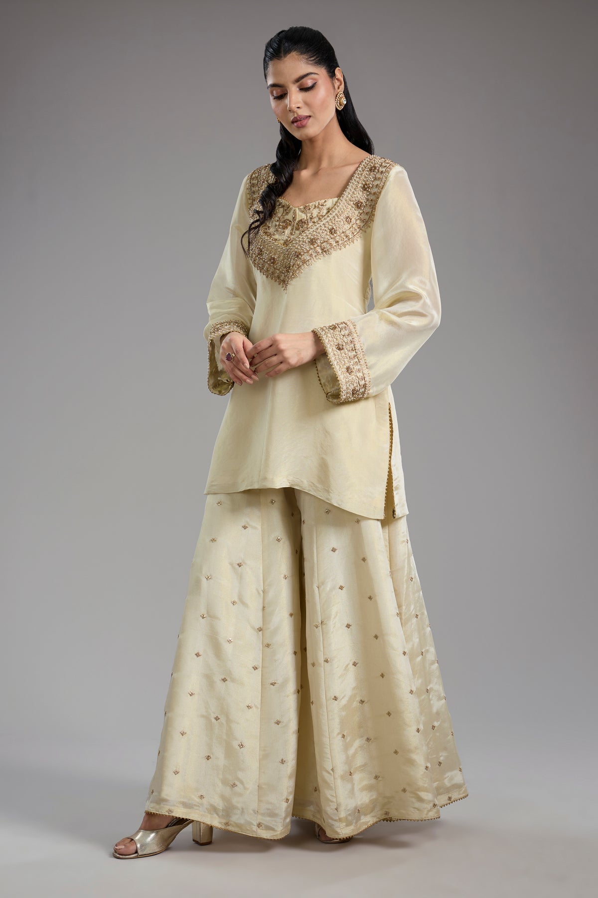 Ivory Tissue Dori Hand Embroidered Sharara Set