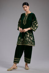 Green Velvet Aari & Hand Embroidered Kurta Set