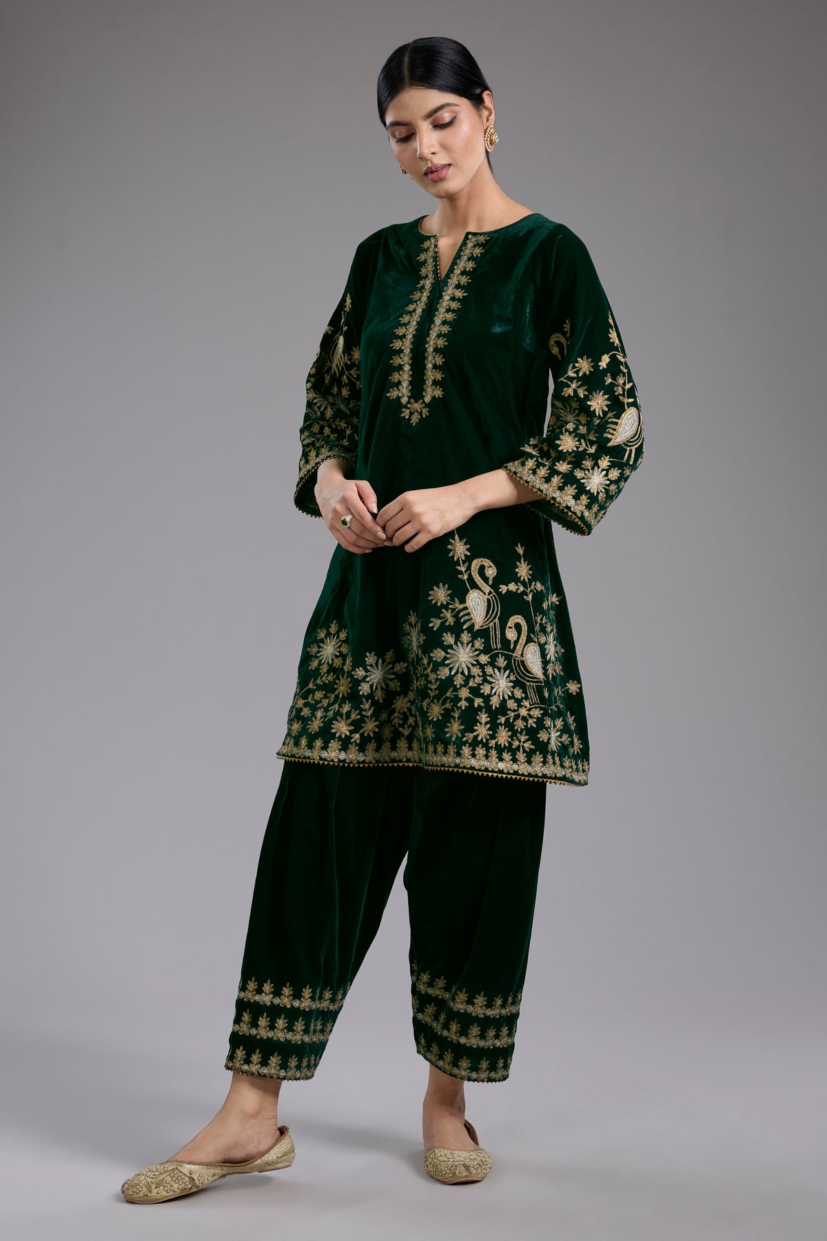 Green Velvet Aari & Hand Embroidered Kurta Set