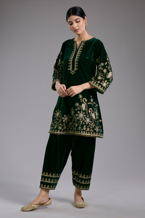 Green Velvet Aari & Hand Embroidered Kurta Set