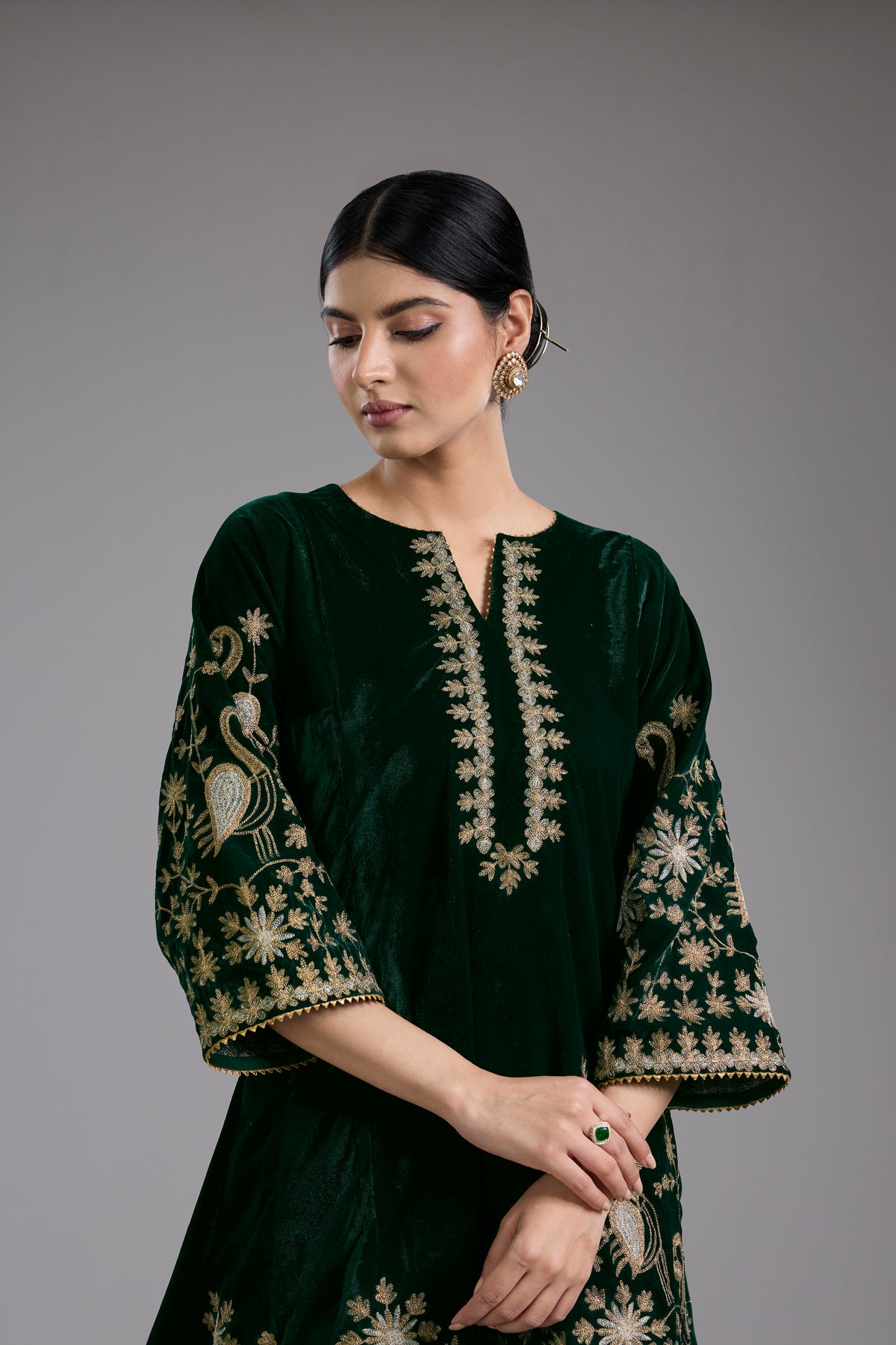 Green Velvet Aari & Hand Embroidered Kurta Set