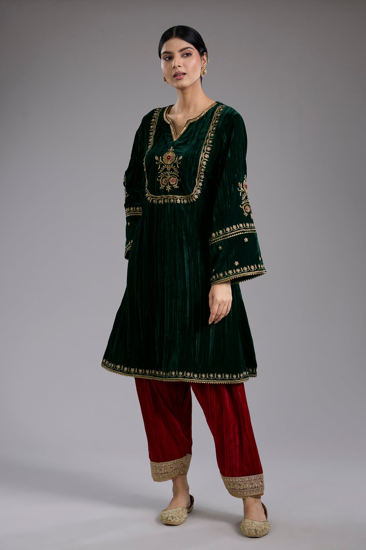 Green Velvet Aari & Hand Embroidered Kurta Set