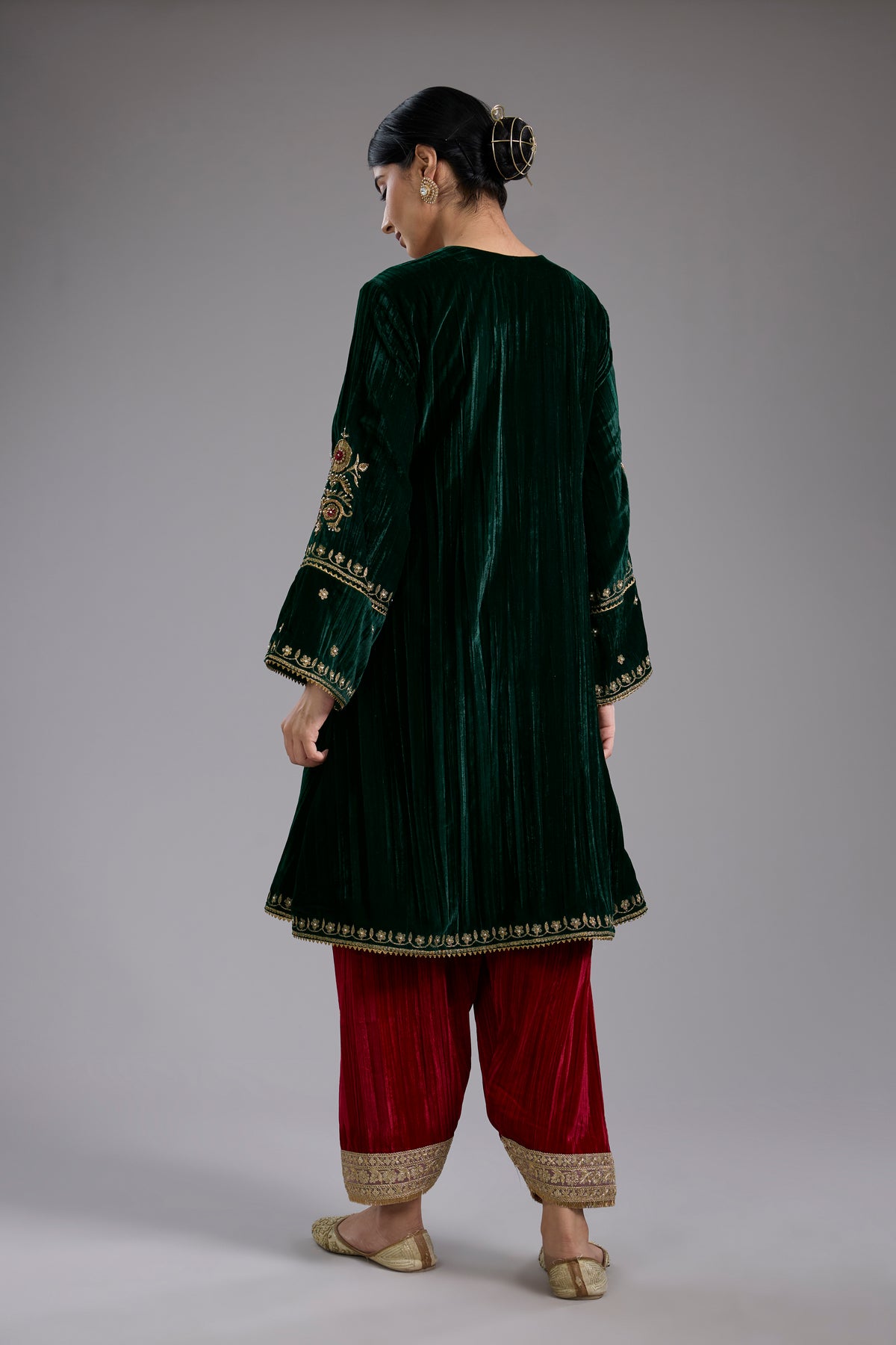 Green Velvet Aari & Hand Embroidered Kurta Set