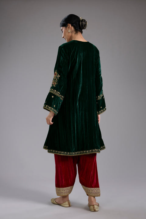 Green Velvet Aari & Hand Embroidered Kurta Set