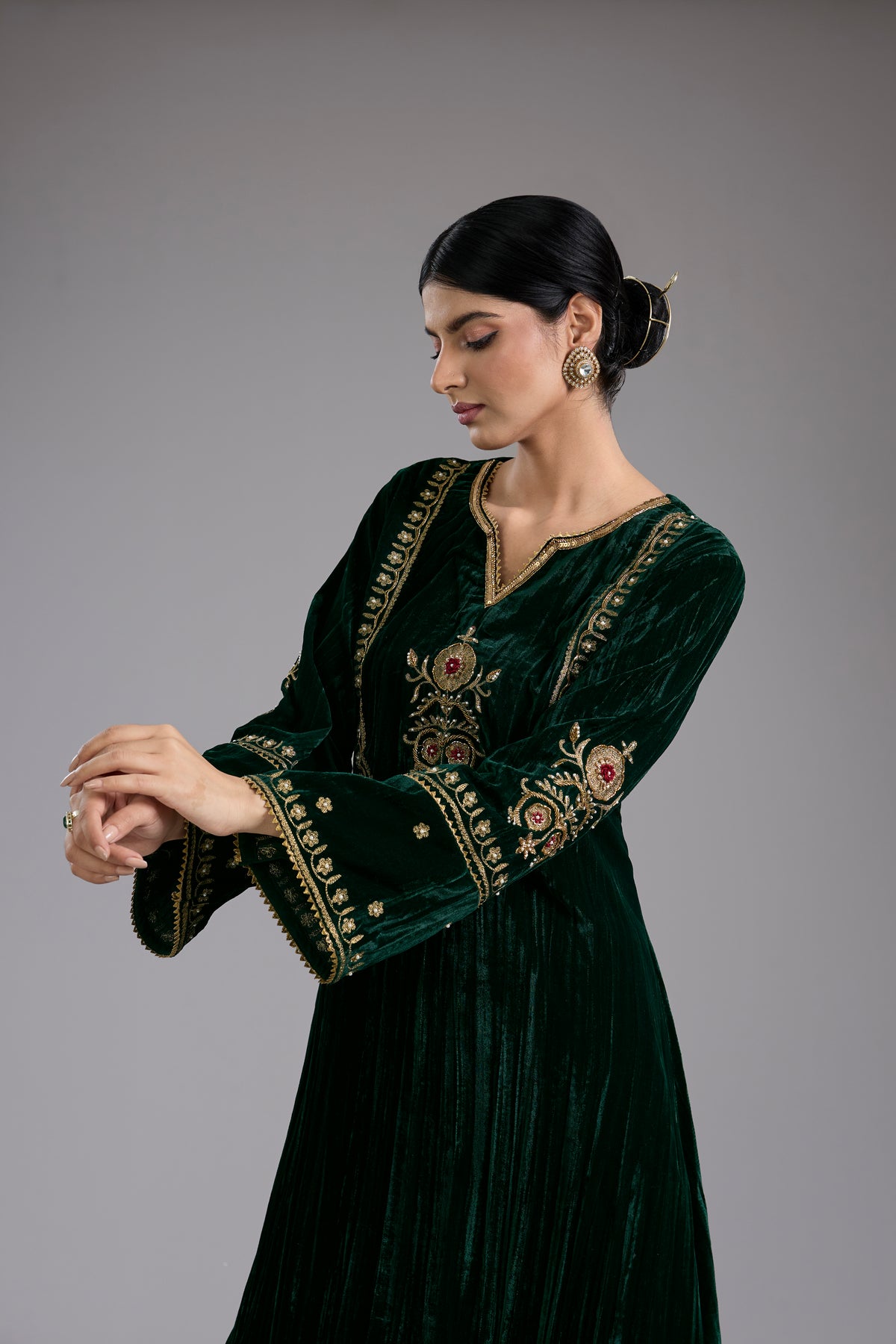 Green Velvet Aari & Hand Embroidered Kurta Set