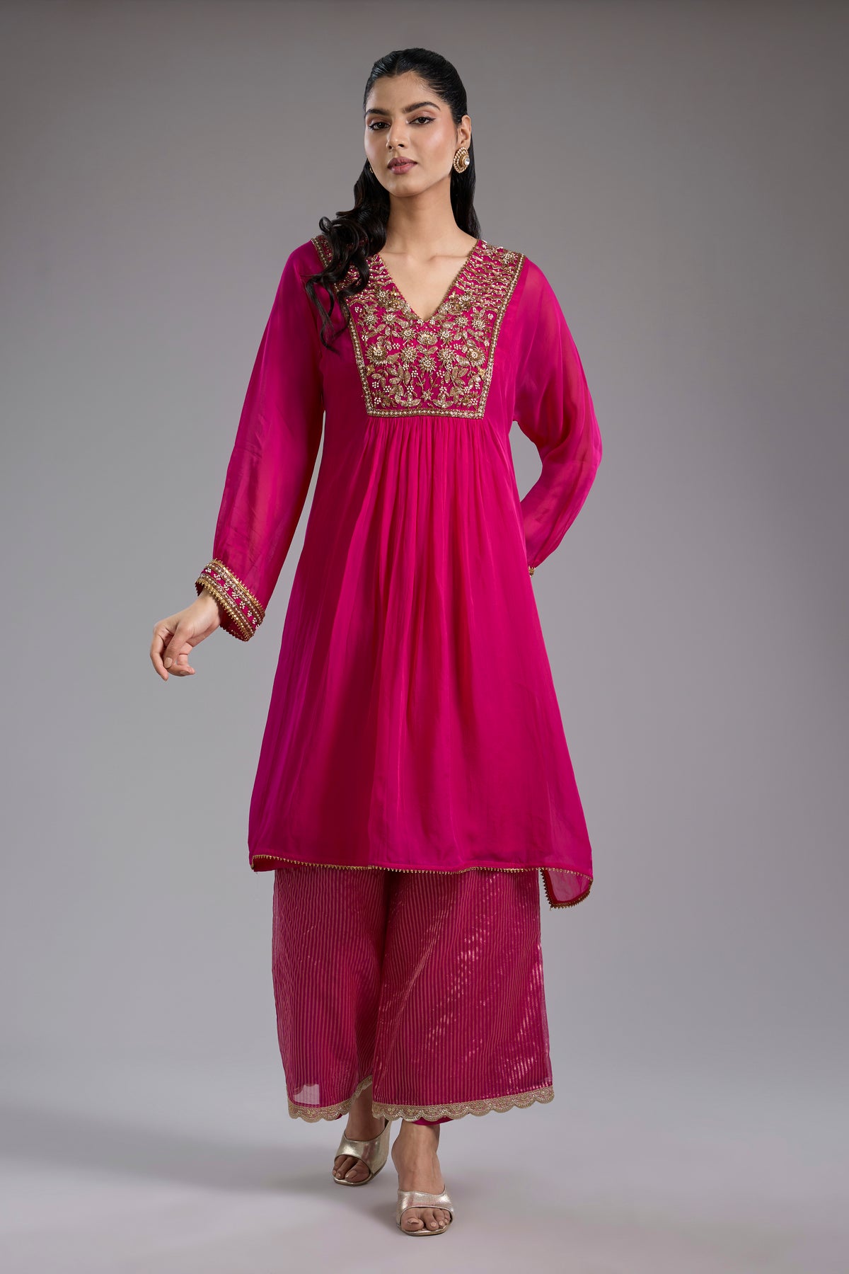 Magenta Organza Hand Embroidered Kurta Set