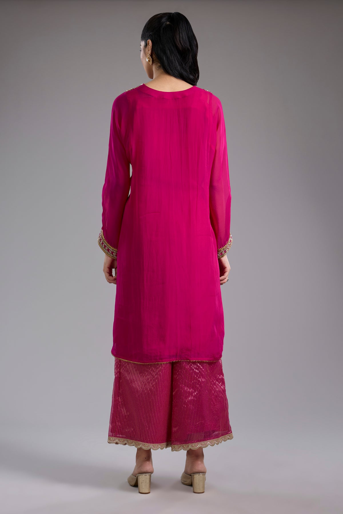 Magenta Organza Hand Embroidered Kurta Set