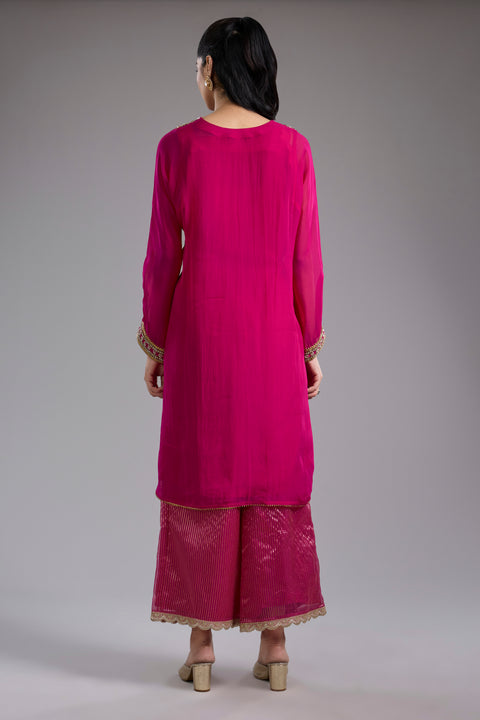 Magenta Organza Hand Embroidered Kurta Set