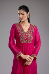 Magenta Organza Hand Embroidered Kurta Set