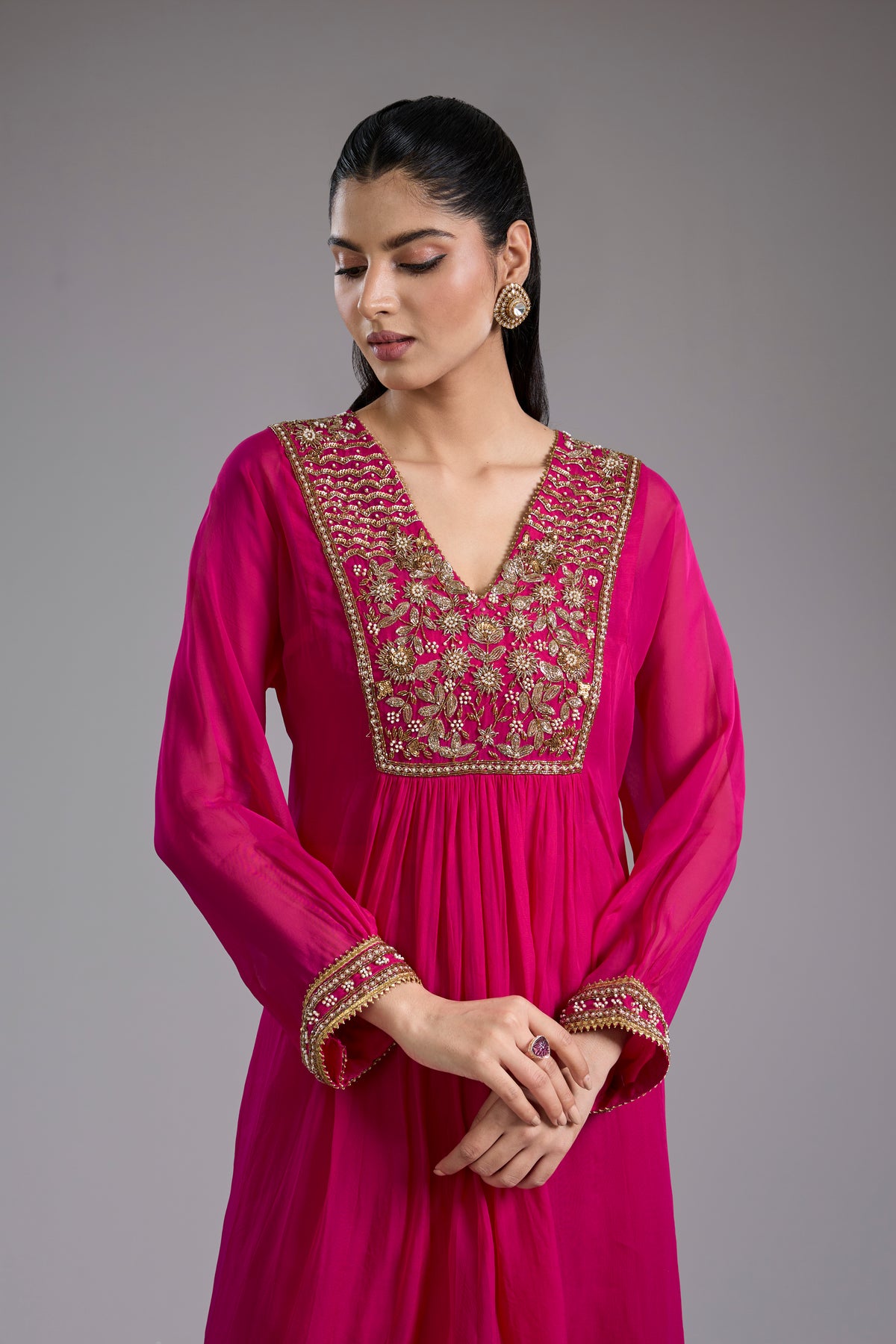 Magenta Organza Hand Embroidered Kurta Set