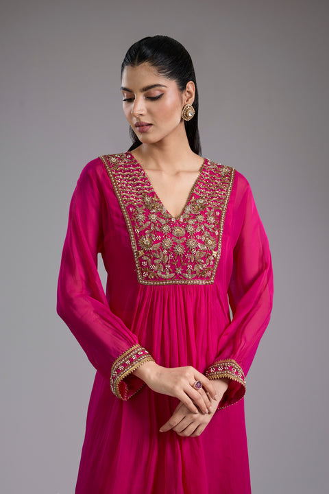 Magenta Organza Hand Embroidered Kurta Set