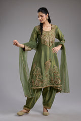 Green Tissue Hand Embroidered Anarkali Set