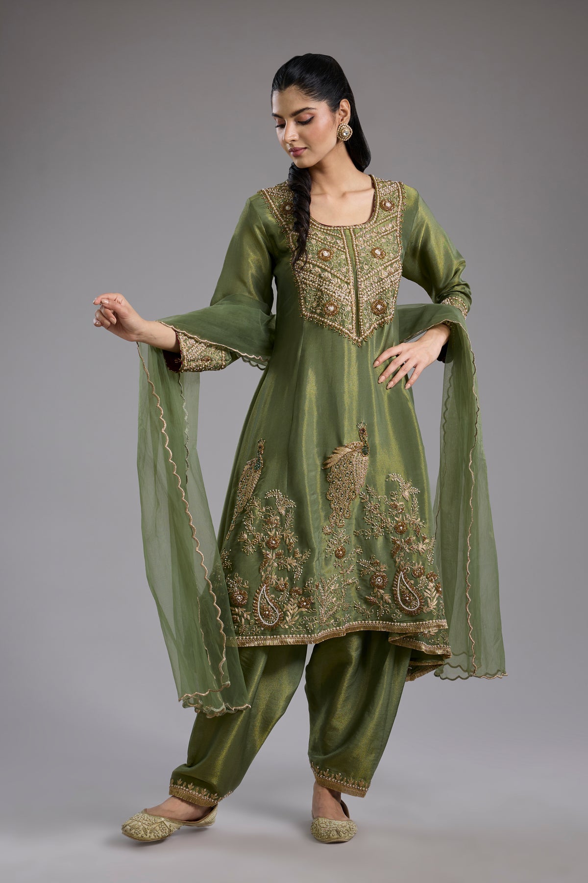 Green Tissue Hand Embroidered Anarkali Set