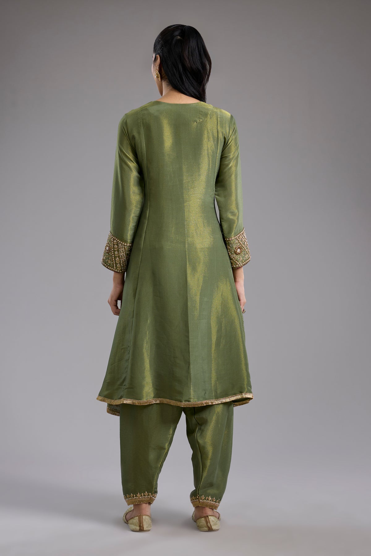 Green Tissue Hand Embroidered Anarkali Set