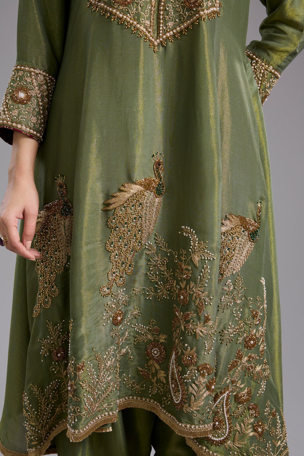 Green Tissue Hand Embroidered Anarkali Set