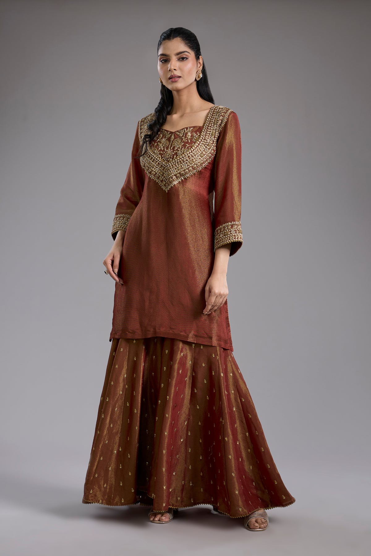 Maroon Tissue Dori Hand Embroidery Sharara Set