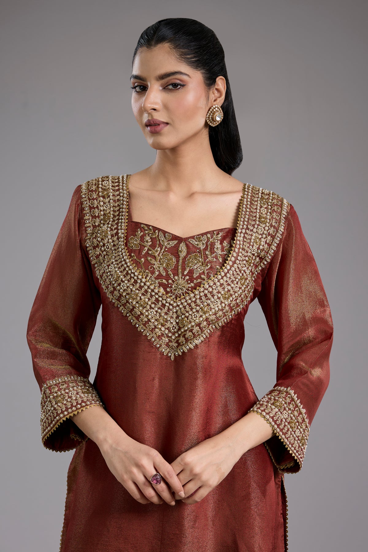 Maroon Tissue Dori Hand Embroidery Sharara Set