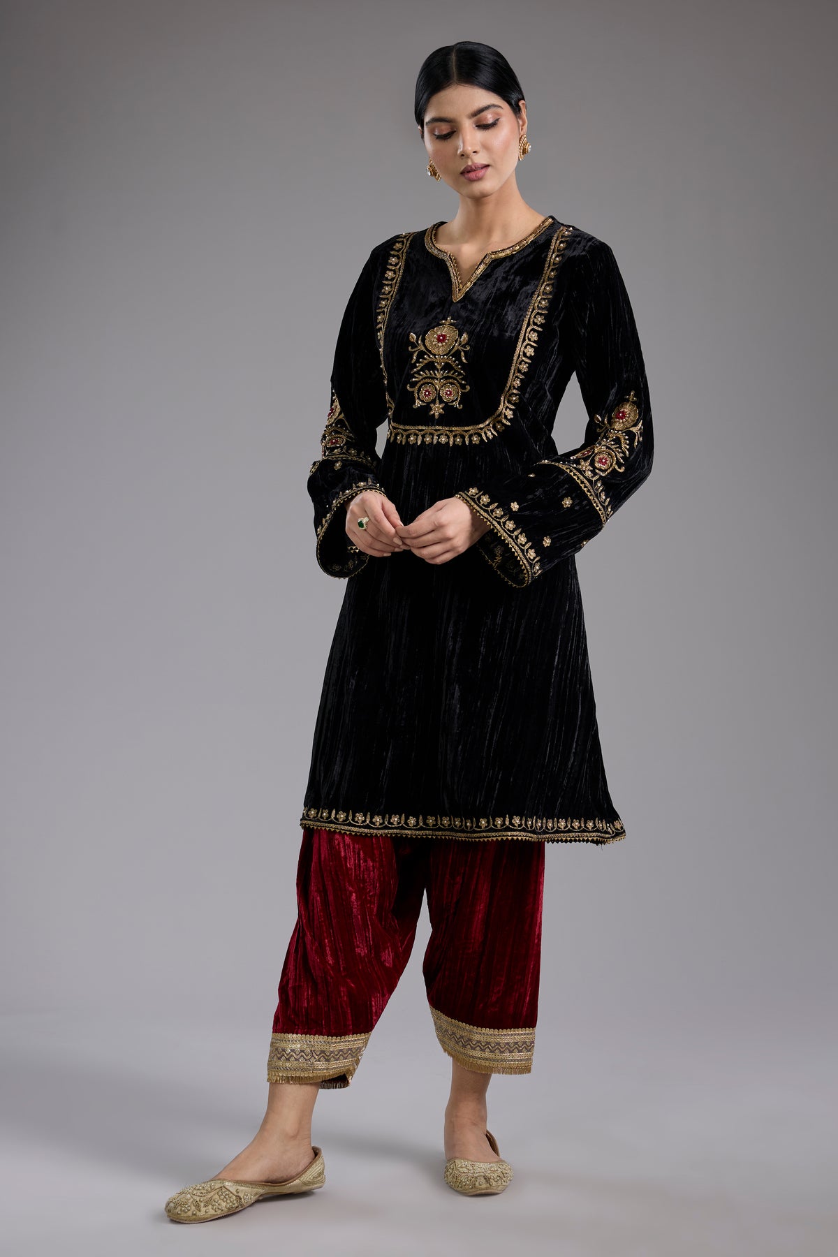 Black Velvet Aari & Hand Embroidered Kurta Set