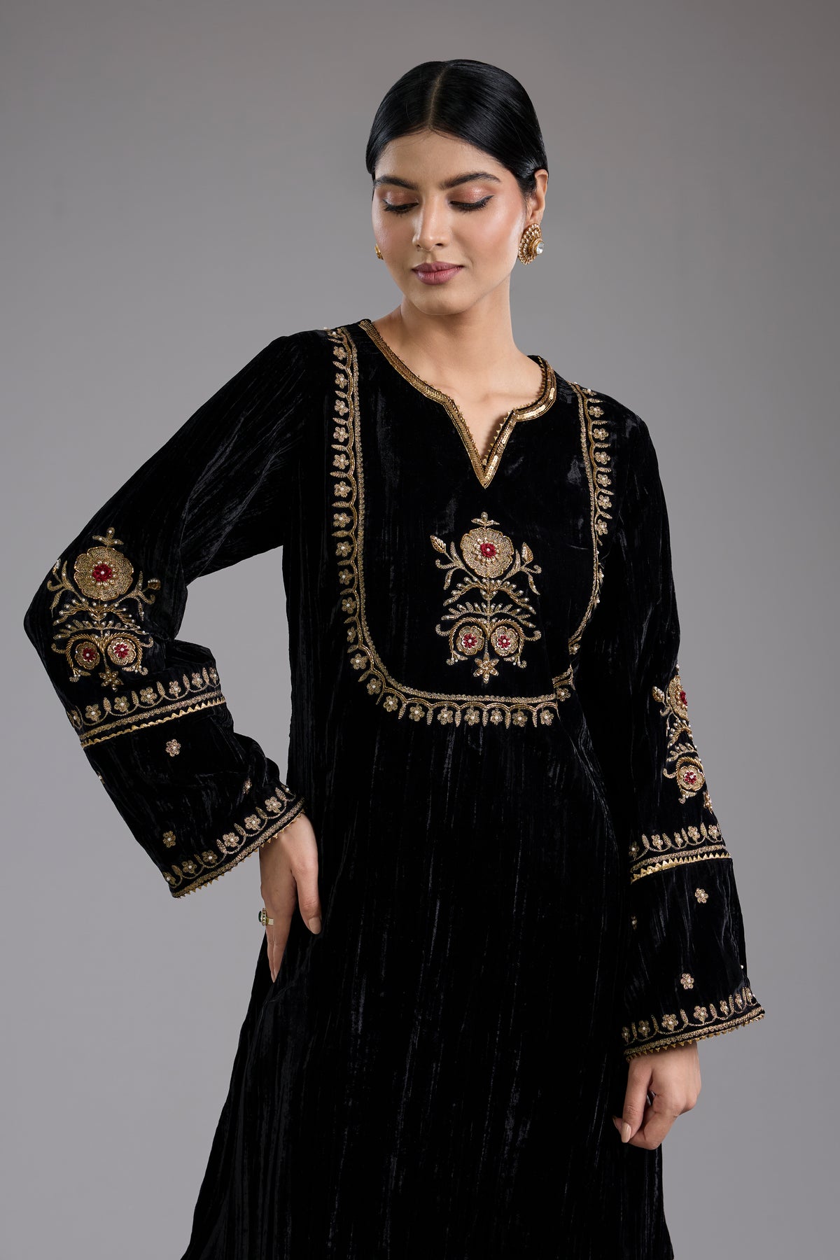 Black Velvet Aari & Hand Embroidered Kurta Set
