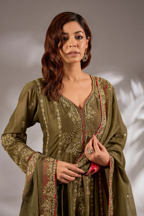 Mul Chanderi Hand Embroidered Anarkali Set