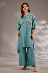 Asymmetric Crepe Sequins Embroidered Kurta Set