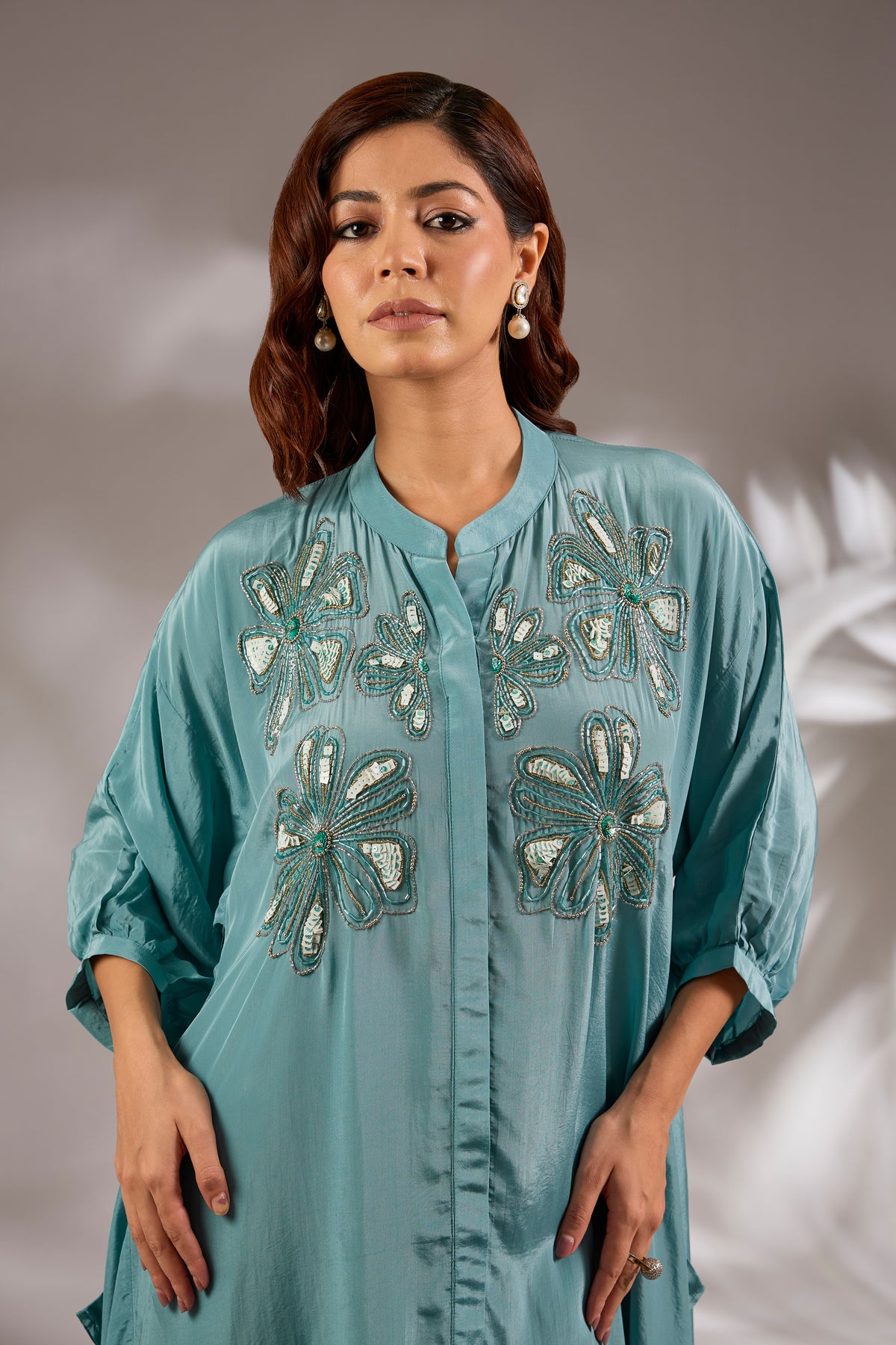 Asymmetric Crepe Sequins Embroidered Kurta Set