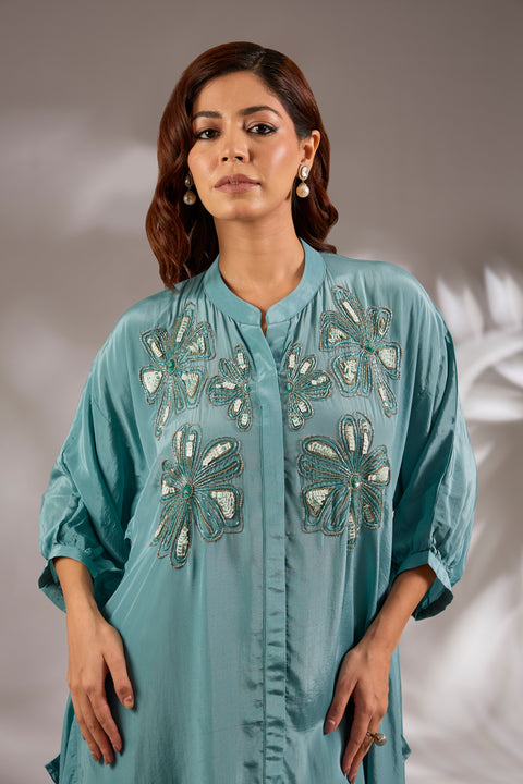 Asymmetric Crepe Sequins Embroidered Kurta Set