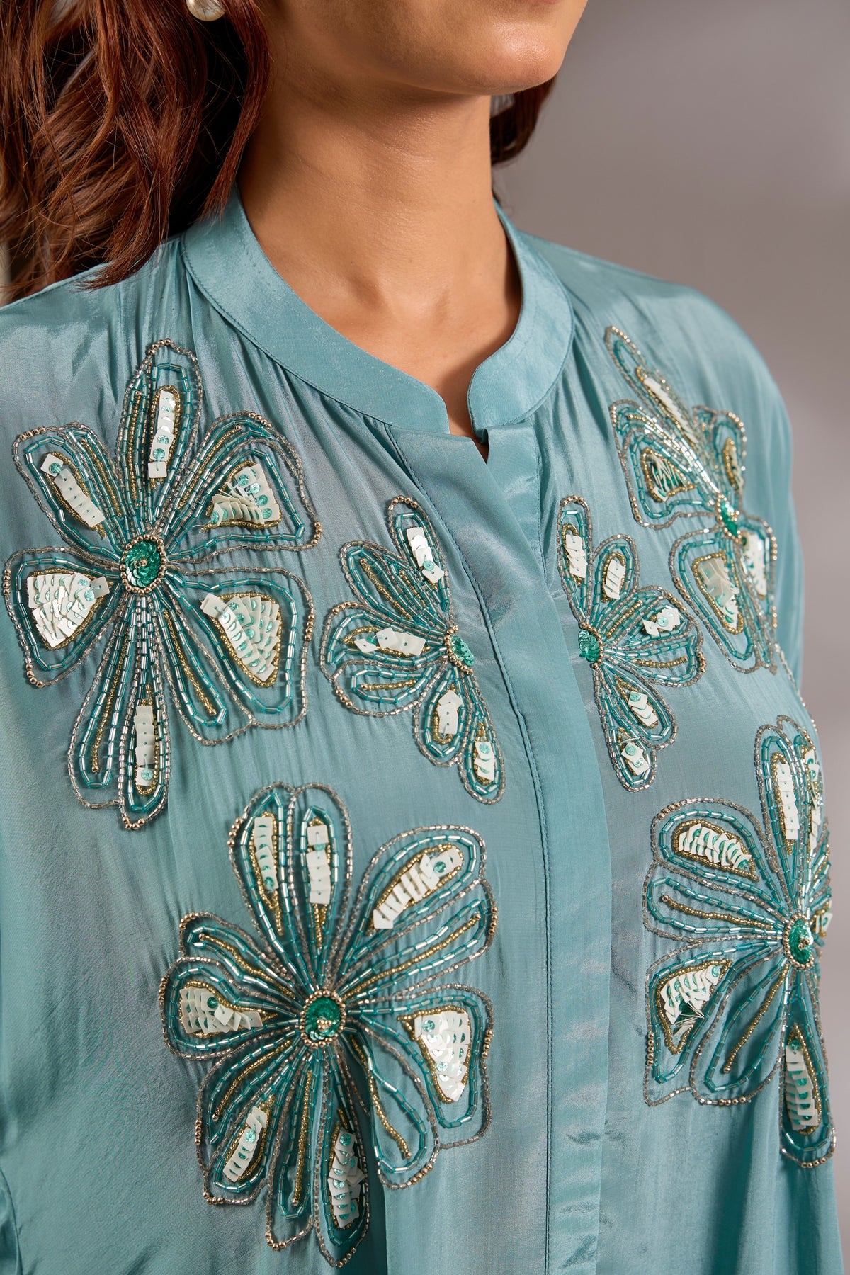 Asymmetric Crepe Sequins Embroidered Kurta Set