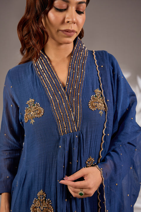 Mul Chanderi Hand Embroidered Anarkali Set
