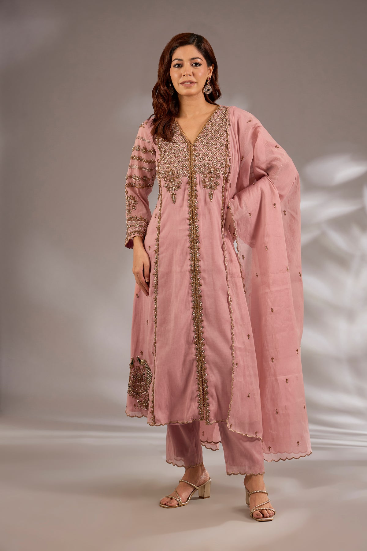 Mul Chanderi Hand Embroidered Flared Kurta Set