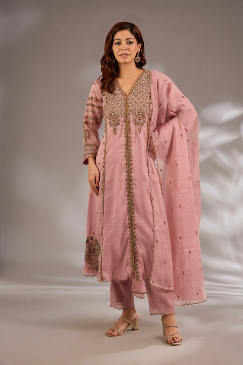 Mul Chanderi Hand Embroidered Flared Kurta Set