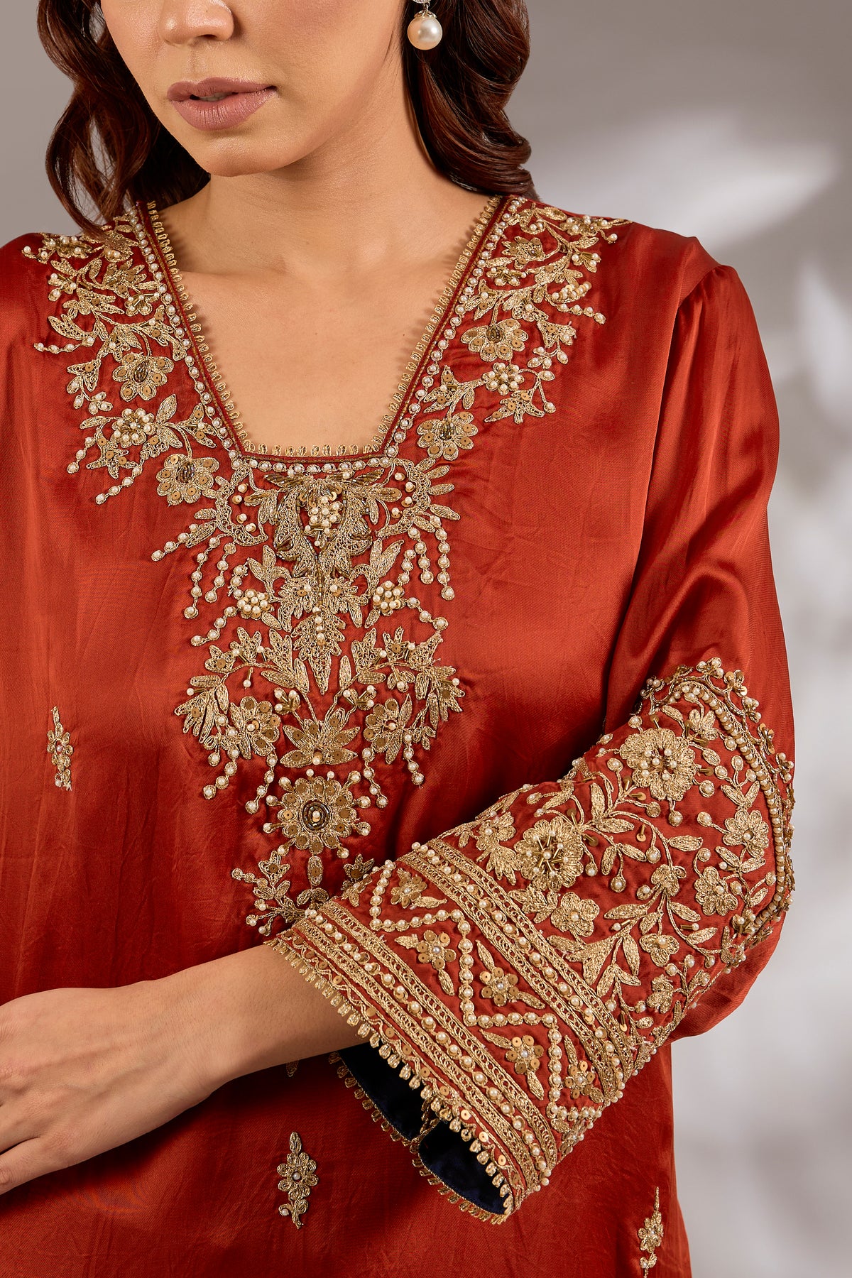 A-Line Satin Organza Dori Hand Embroidered Kurta Set
