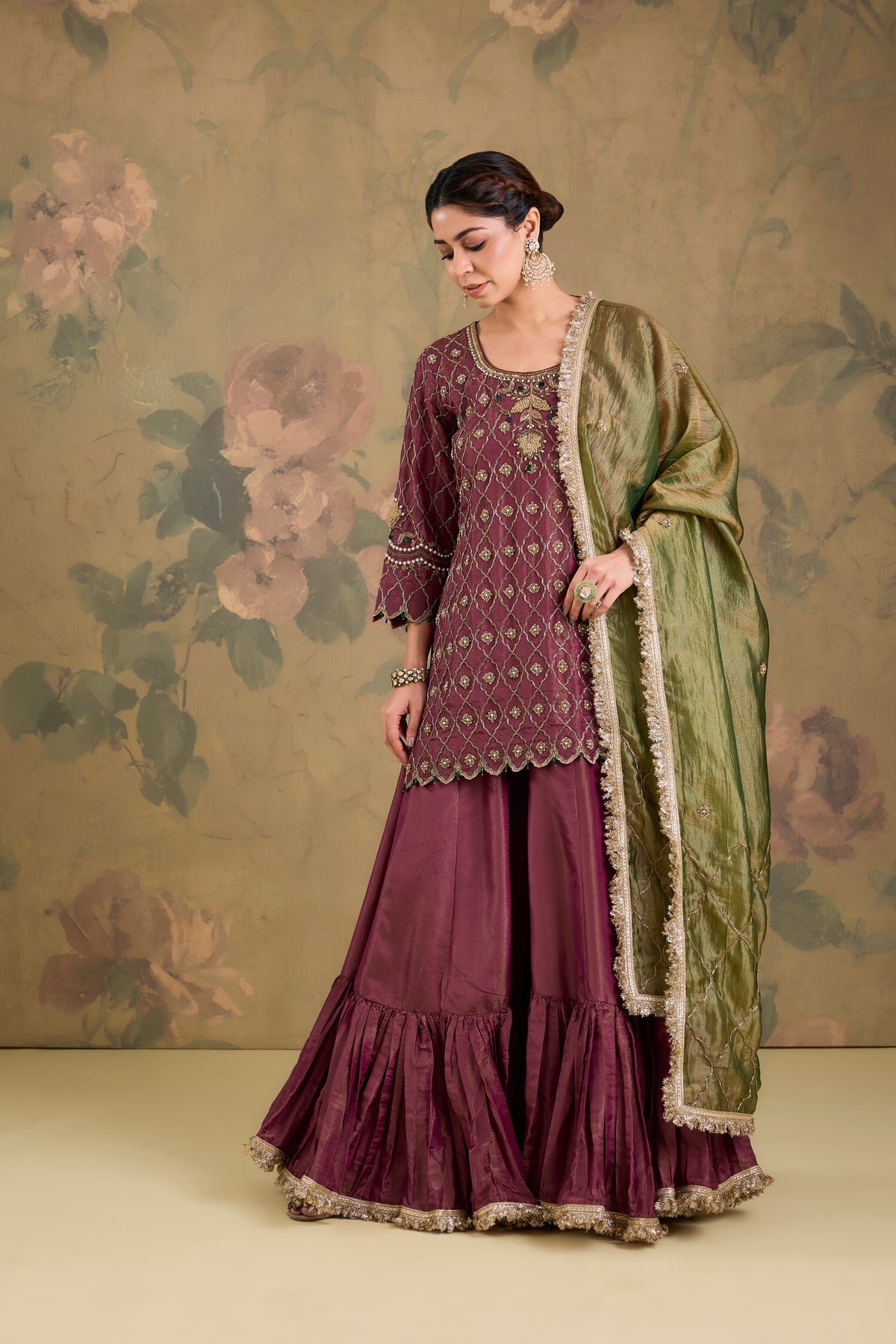 Tissue Flared Sharara Set with Contrast Dupatta & Handwork