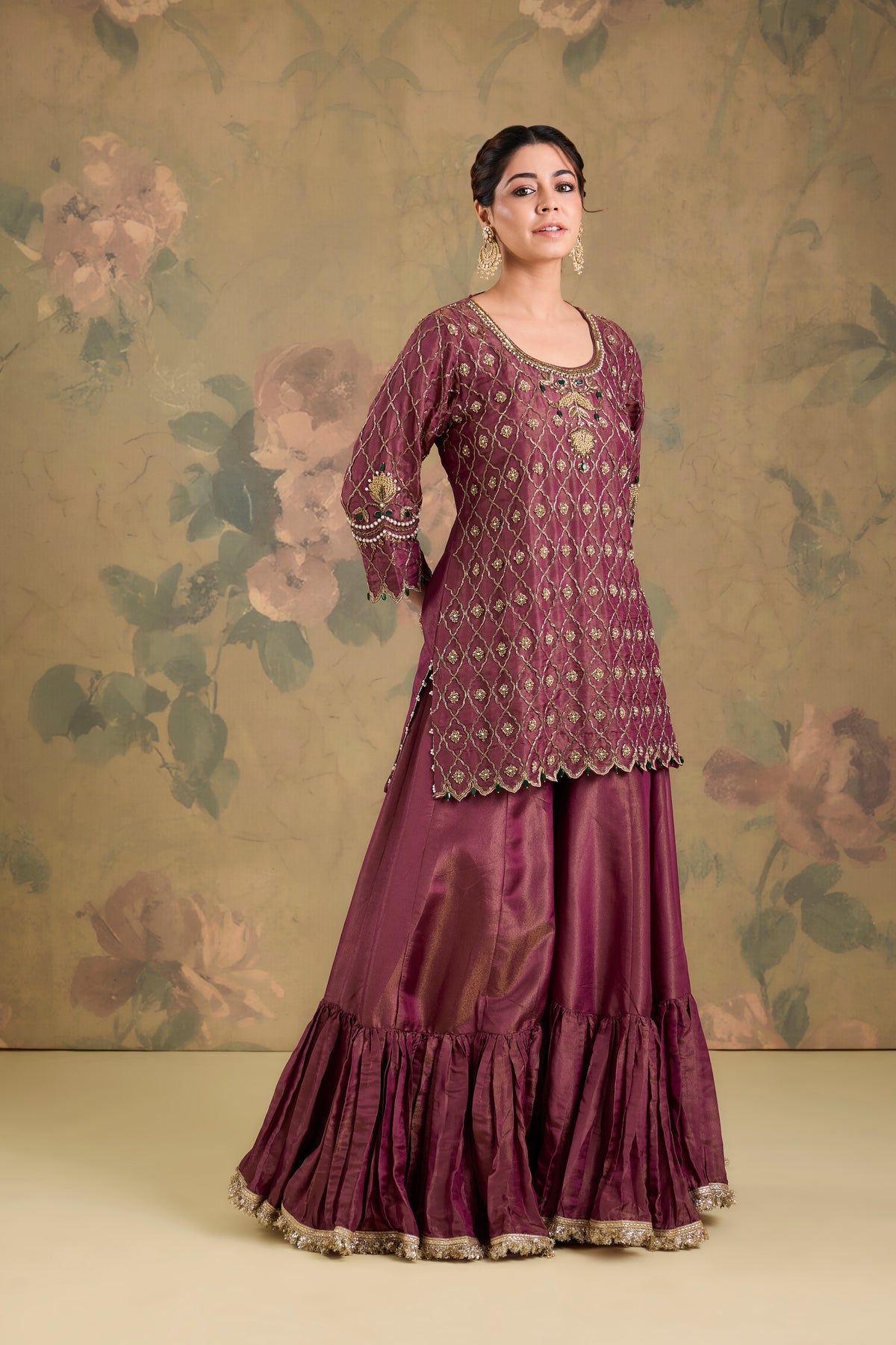 Tissue Flared Sharara Set with Contrast Dupatta & Handwork