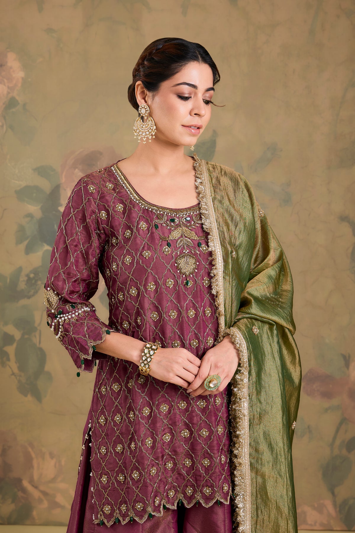 Tissue Flared Sharara Set with Contrast Dupatta & Handwork
