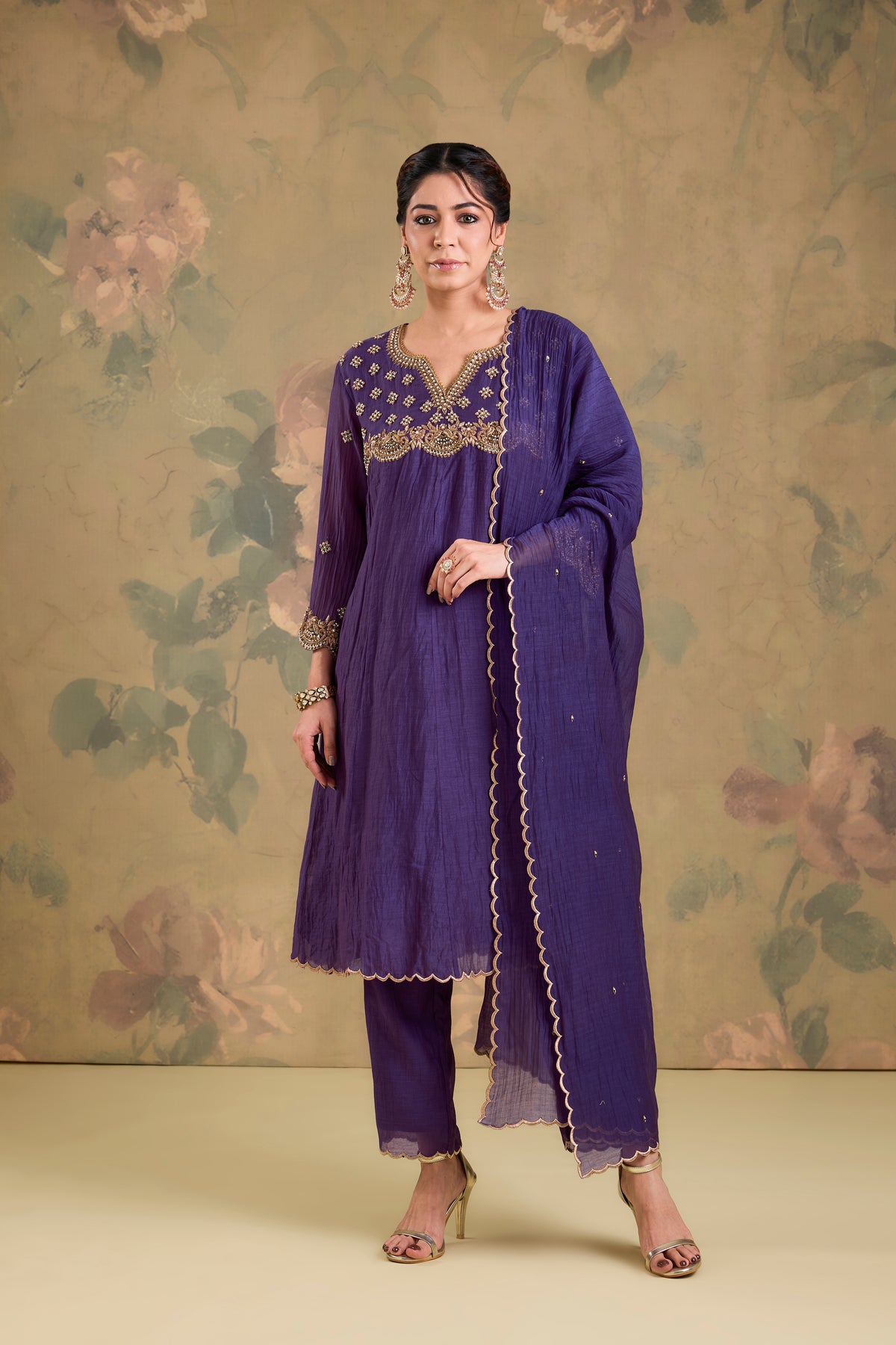 Mul Chanderi Yoke Embroidered Anarkali Set