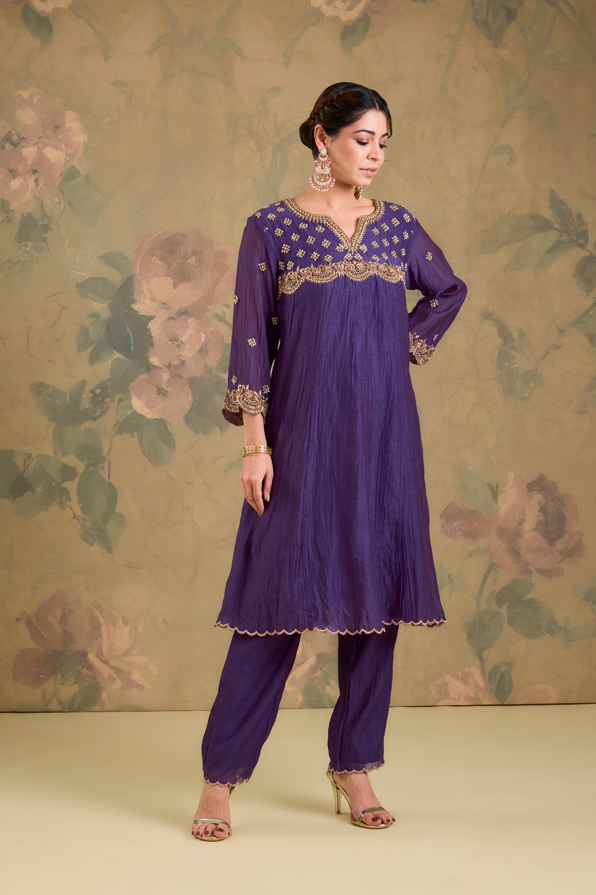 Mul Chanderi Yoke Embroidered Anarkali Set