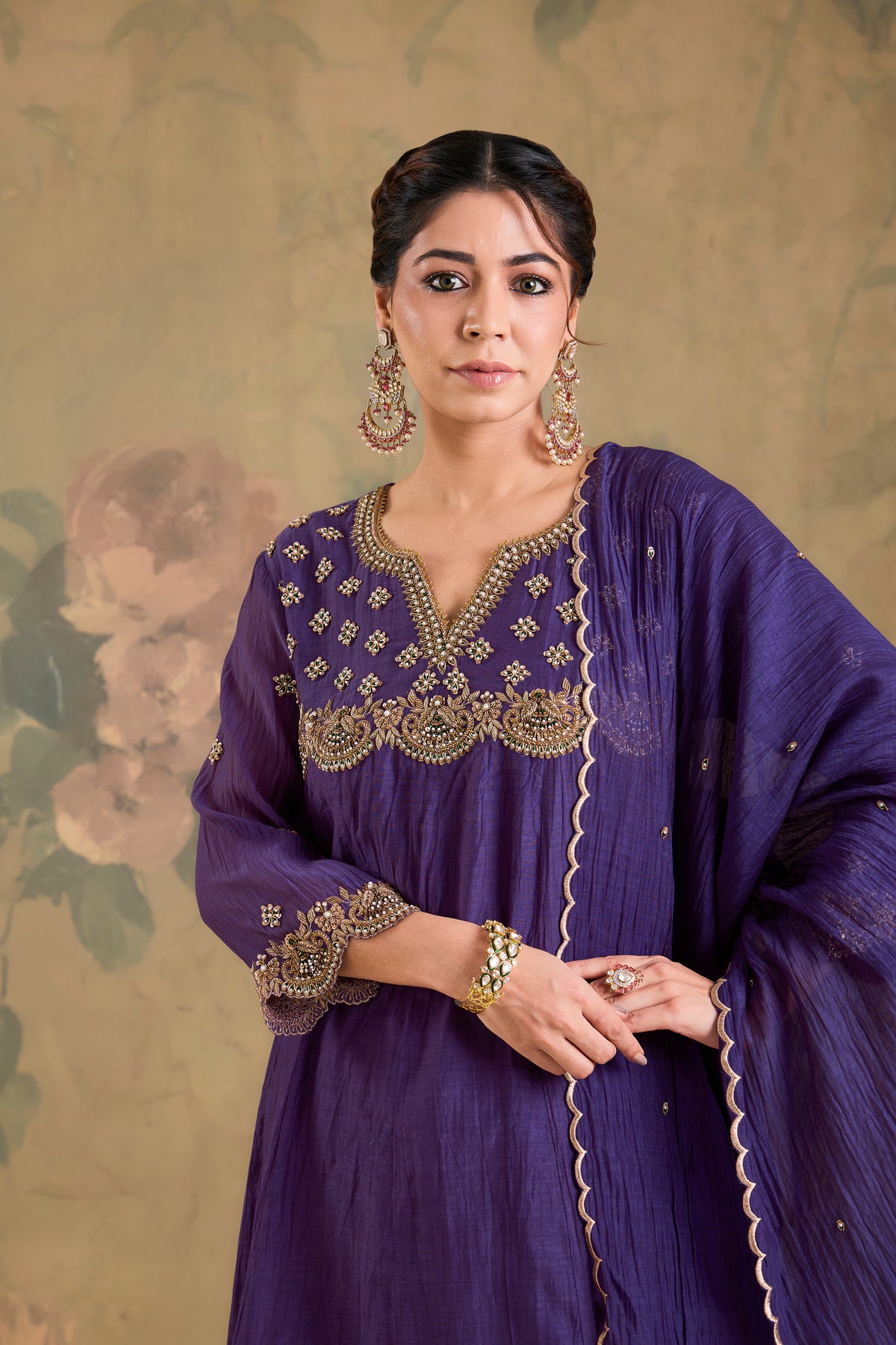Mul Chanderi Yoke Embroidered Anarkali Set